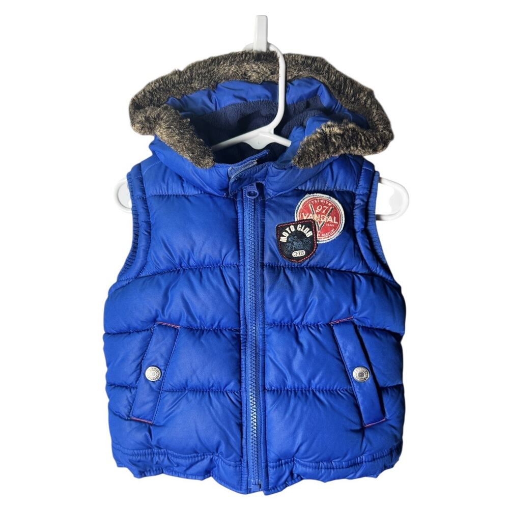 Y2K Old Navy Baby 12-18M Blue Puffer Vest Fur Trim Hood Moto Patch Winter Coat